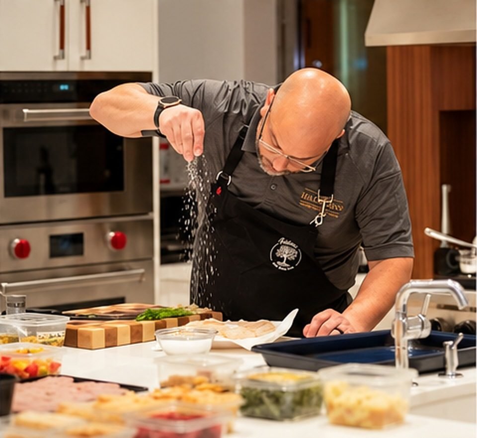 Rubén salando un plato en una cocina