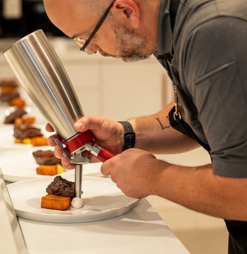 Rubén decorando un plato con sifón